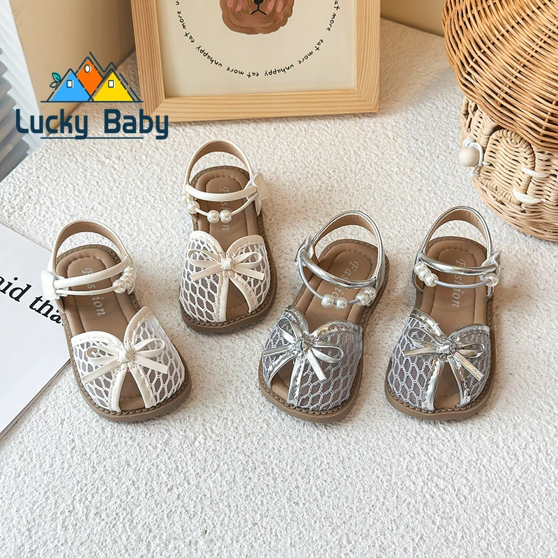 

Пляжная обувь для девочек, тканая дышащая детская обувь принцессы с простыми бантами, новые летние детские сандалии 2024, однотонные, нескользящие