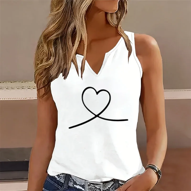 Casual Love Heart Sleeveless Tank Top T-shirt V Neck Fashion Graphic  Vest T Shirts Women Tee Shirt V-Neck