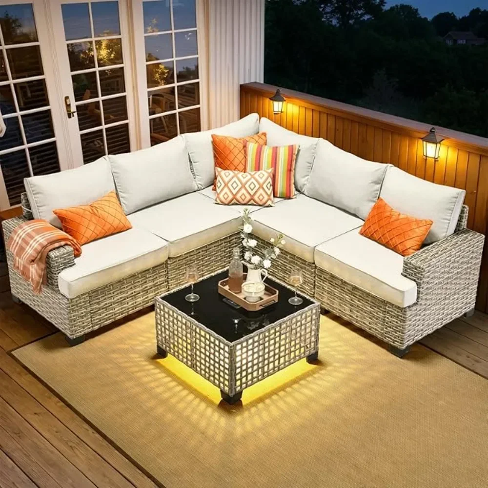 6 Piece Patio Sectional Furniture, Rattan Wicker Coversation Couch Set, Outdoor Sofa Set for Outside Porch Balcony Backyard Pool