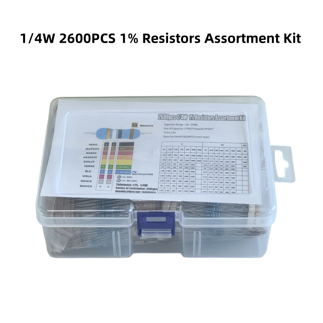 

1/4W metal film color ring resistance 1% precision maintenance 130 common models, 20pcs each, a total of 2600pcs box
