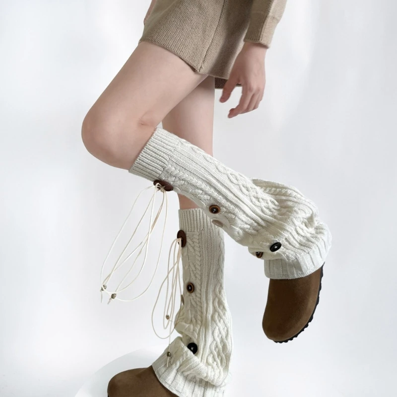 Women Twist Cable Knit Stretch Leg Warmers Sweet Buttons Bandage Footless Knee Length Long Socks Leg Covers Streetwear