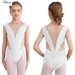 Adolescent Girls Tassel Latin Dance Figure Skating Jumpsuit Children Fringed Leotard Rhinestone Gymnastic Bodysuit Stage Costume