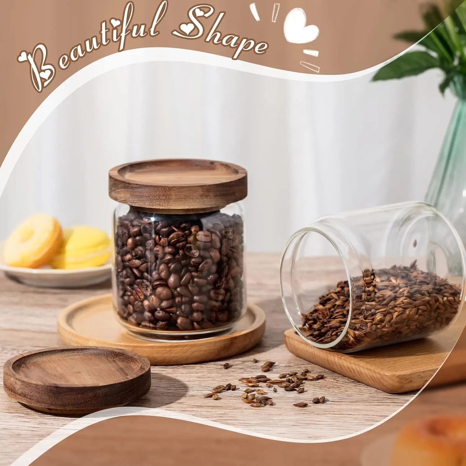 مجموعة حاويات تخزين زجاجية مكونة من 4,15 أونصة برطمانات زجاجية عالية البورسليكات علب طعام المطبخ مع أغطية خشبية لحبوب البن/المكسرات