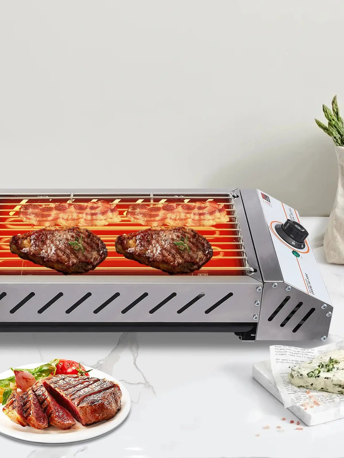 Gril de table électrique professionnel 2500W, grand gril de barbecue en acier inoxydable avec température réglable 122-572 ° F pour la maison, la fête