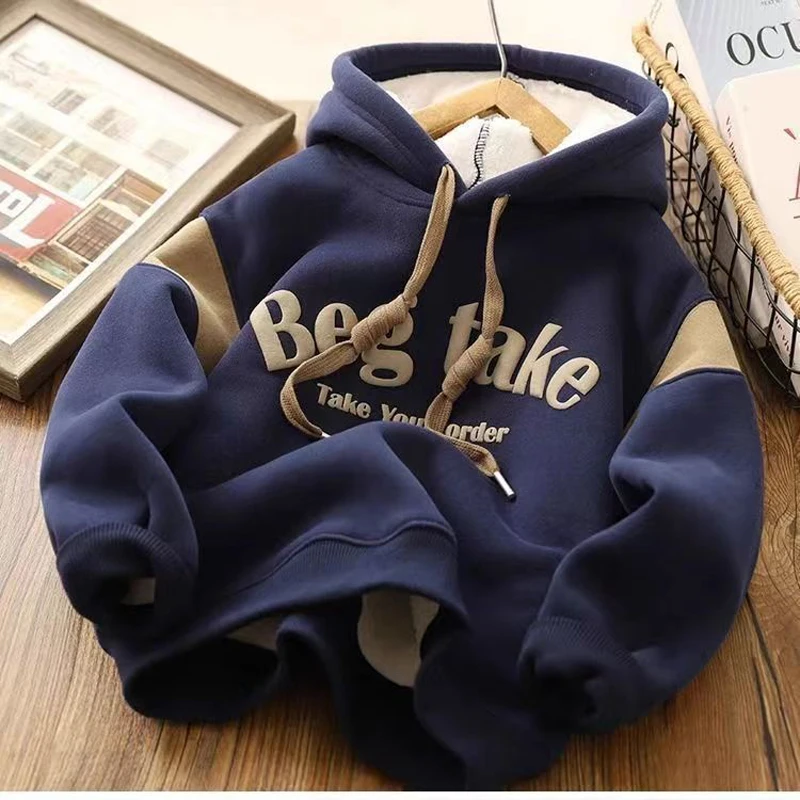 Autumn Winter New Boys Hoodies Letter Print Lining Plush Thick Warm Casual Pullover For 5-14 Years Kids Handsome Sweatshirt