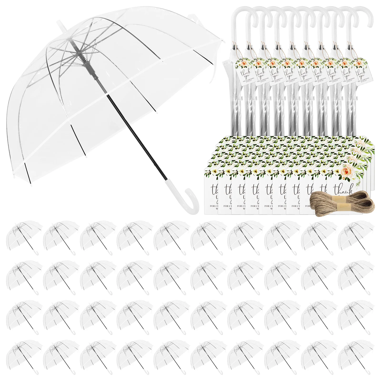 

52 Inch Large Dome Rain Windproof Stick Umbrellas with Classic Hook Handle with Thank You Tags and Rope Wedding Favors for Guest