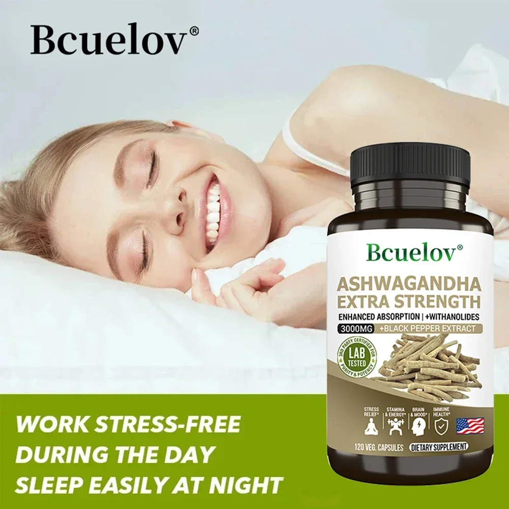 مستخلص أشواغاندا الطبيعي 3000 ملجم مكمل - الإجهاد والقلق والذاكرة والنوم والمزاج والطاقة ودعم الدماغ 120 كبسولة #3