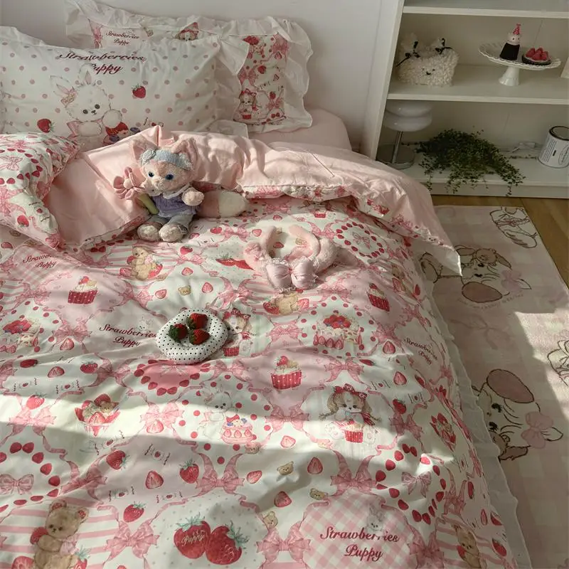 

Милый мультяшный комплект постельного белья из чистого хлопка, четыре предмета, с дизайном «Клубничный мороженый» и «Груша», простыни, пододеяльники, покрывала.