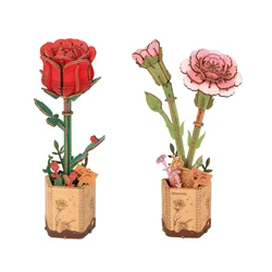 Robotime Rolife 3D Wooden Puzzle Flowers Wooden Craft Model Kits Eternal Flowers for Her Women Mom -Red Rose Pink Red Carnation