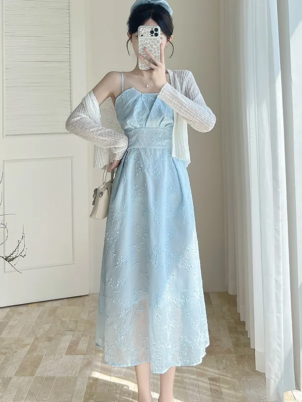 

Summer Women's Gown Strapless A-Line Long Dress Slimming Waist Cardigan Two-Piece Set Casual Style Handmade Stitched Light We...