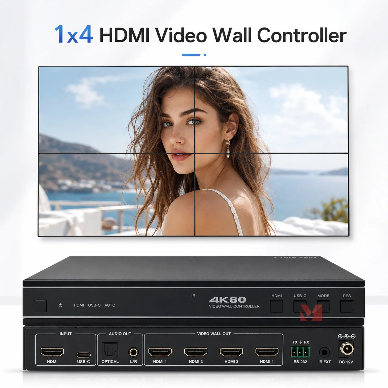 2X2 HDMI Video Wall Controller USB-C Input 4K@60Hz with Audio And RS232 Support for Consumer Electronics Accessories