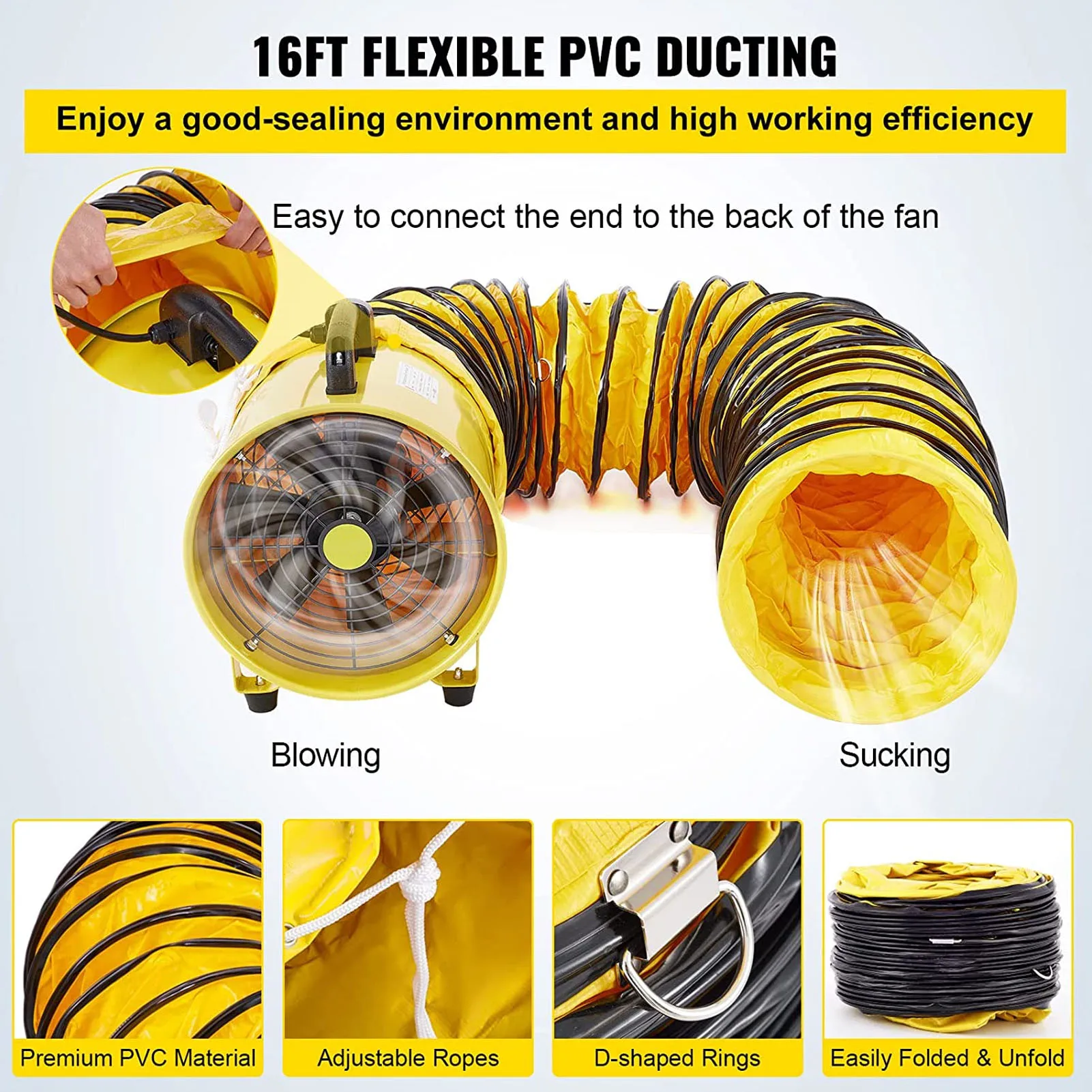 

12in Utility Blower Fan Quickly Air Moving High Velocity Portable Ventilation Fan with 5m Hose for Home Job Site US Plug 110V