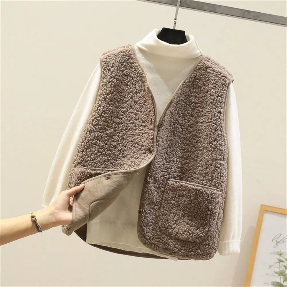 Fashion Lamb Hair Winter Fleece Vests Thermal Solid Color Button Waistcoat Short Type Warm Thick Ladies Coats for Spring Autumn image 3