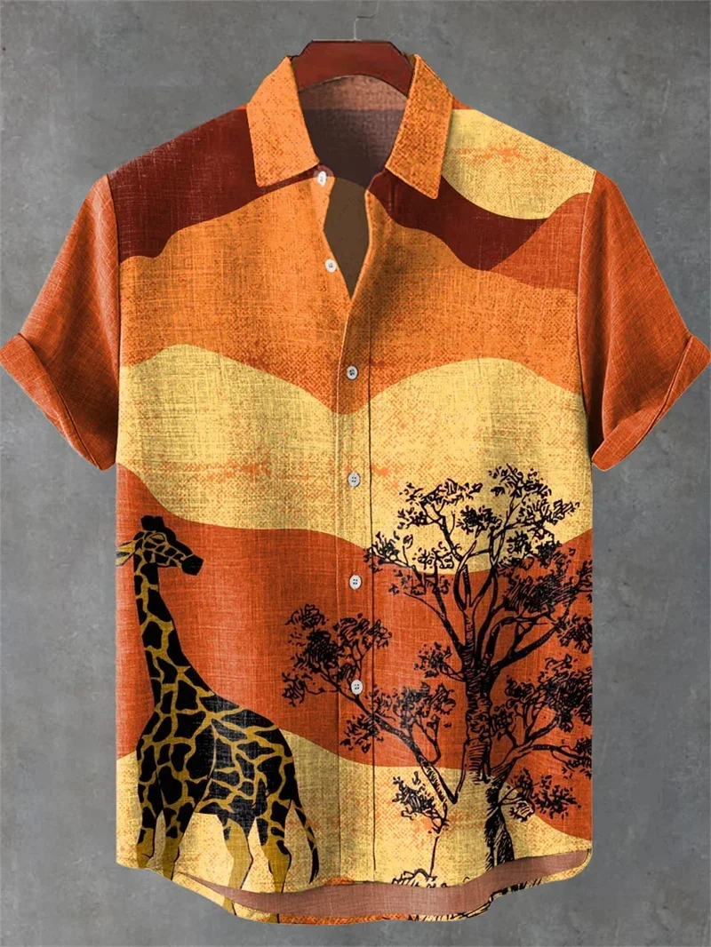 

New men's 3D striped printed retro note pattern casual short sleeved shirt fashionable linen top clothing