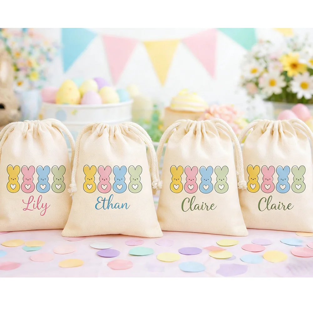 Personalisierte 4-teilige Bunte Hasen-Zugbeutel mit Namen als Oster-Partygeschenk für Gäste, Frühlings-Kindergeschenke und Korbfüller