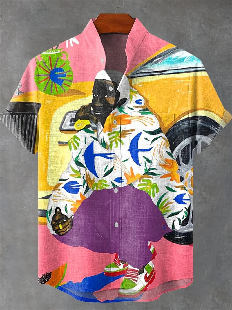 Sommerliches Ethno-Design Casual Top mit Katzenmuster Kurzärmliges Modisches Retro-Herrenhemd – Detail 6