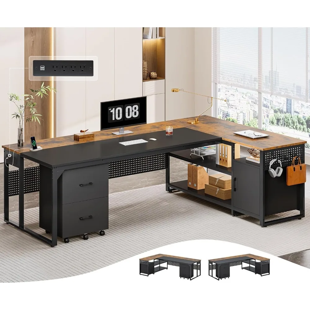 مكتب تنفيذي مقاس 71 بوصة، مكتب على شكل حرف L قابل للعكس مع خزانة ملفات متنقلة ومنافذ طاقة، مكتب كبير مع أدراج، تخزين S