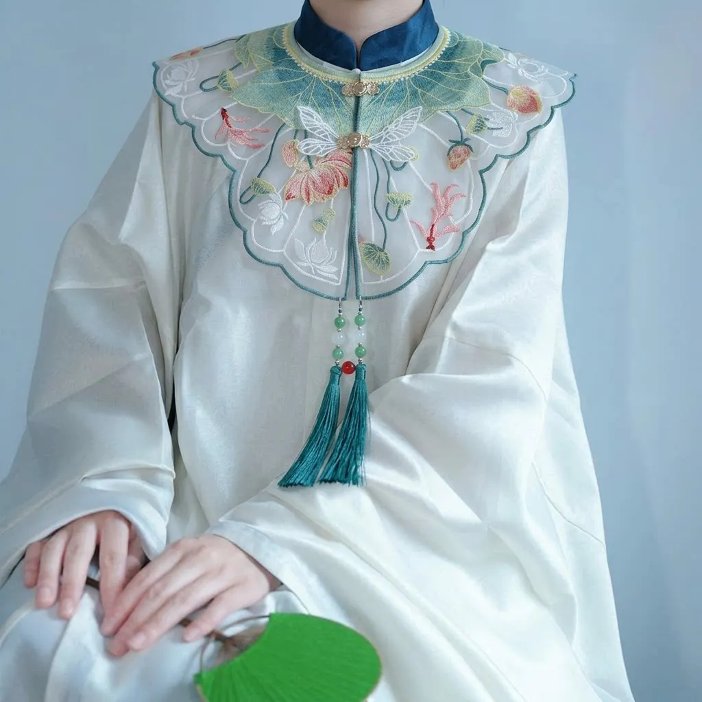 Chinese Hanfu Cloud Collar Sheer Organza Lotus Pond Embroidery Detachable Collar Ming Dynasty Costume Accessory Buttons Tassels
