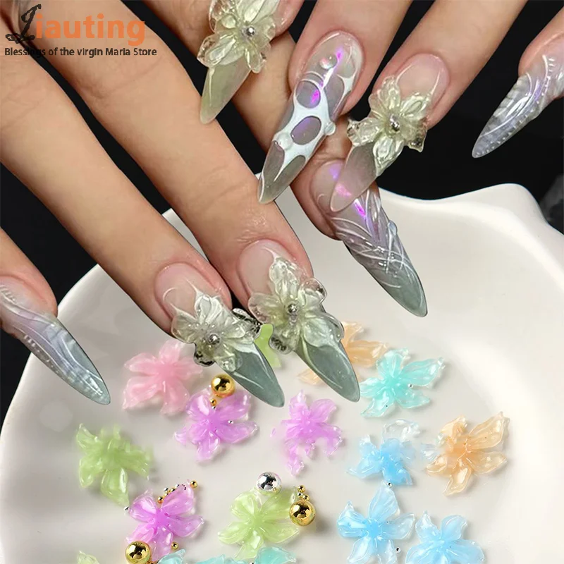 50/100Pcs Mixed Lily Flower Steel Ball Nail Art Charms 3D Nail Decoration Soft Resin Material DIY Manicure Accessories