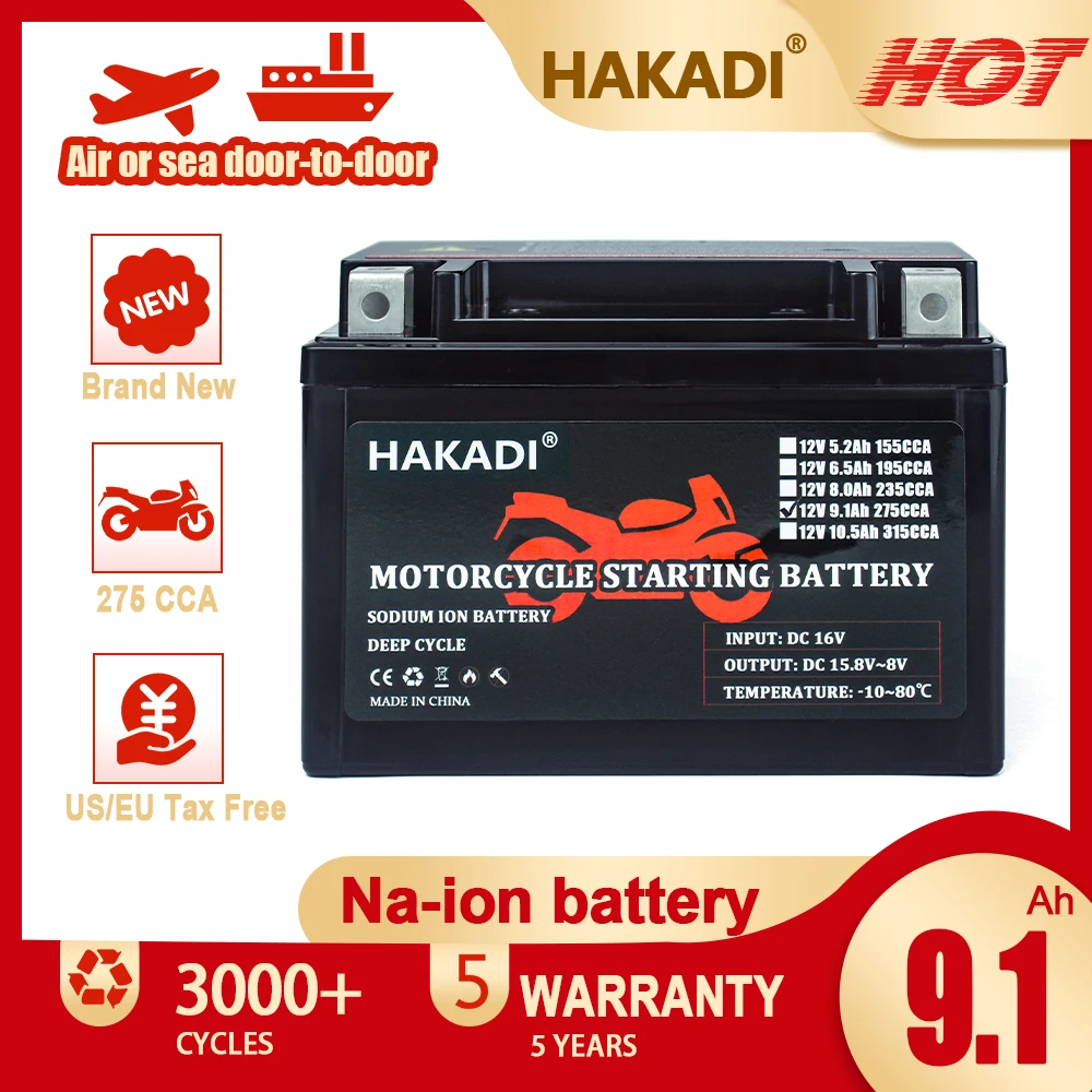 HAKADI 12V 9.1Ah Sodium-ion Rechargeable Battery Pack For Jump Starter Power Supply 275CCA Motor 3000+ Cycle Life