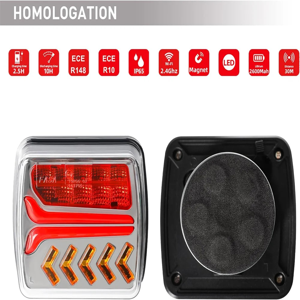 12V Wireless Magnetic LED Tail light Signal Brake Light ECE EMC Approved Cable-Free Truck Rear Lamp for Trailer Lorry Caravan