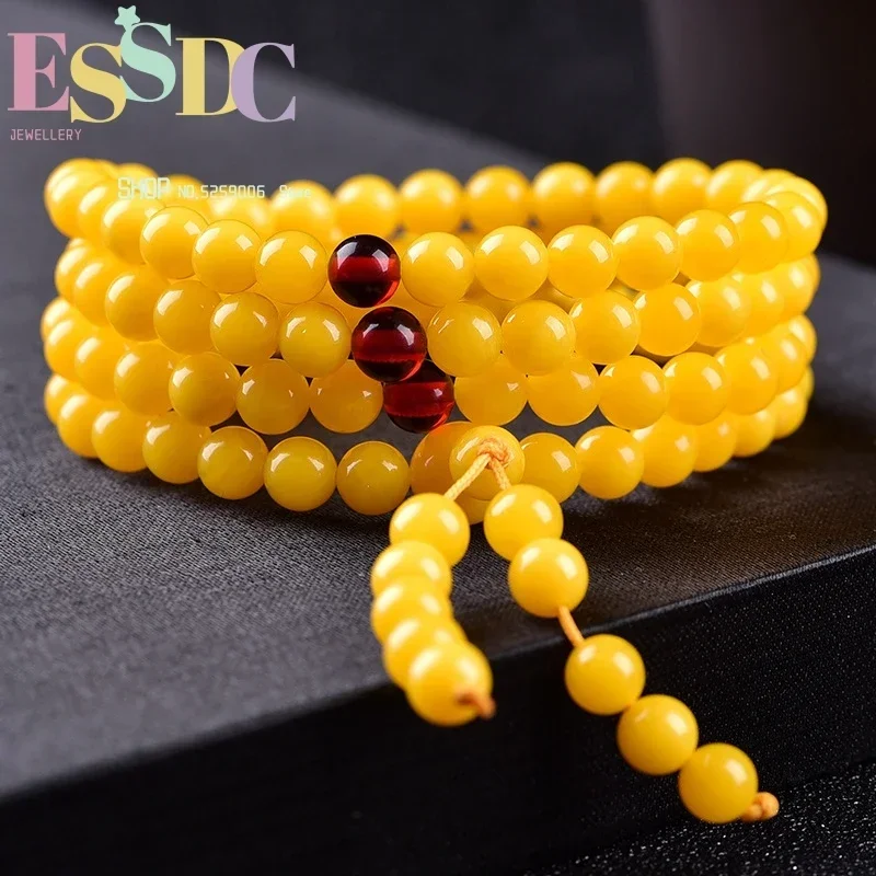 Tibetan 8mm Yellow Beeswax Beads Bracelet or Necklace 4 Circle Wrap  for Men or Women 108 Strand Mala Meditation Jewelry