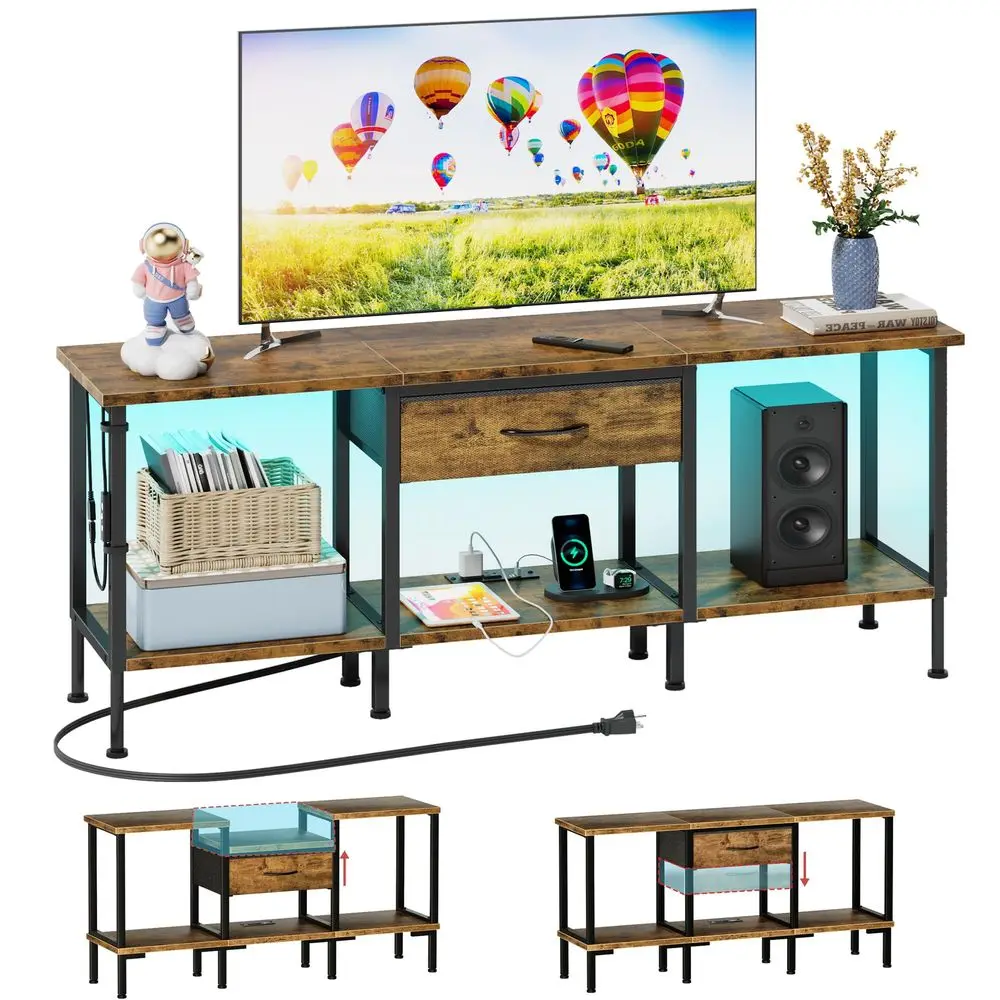

LED TV Stand with Power Outlet and Fabric Drawer for 55 50 45 Inches TV Entertainment Center and Industrial TV Console Table fo