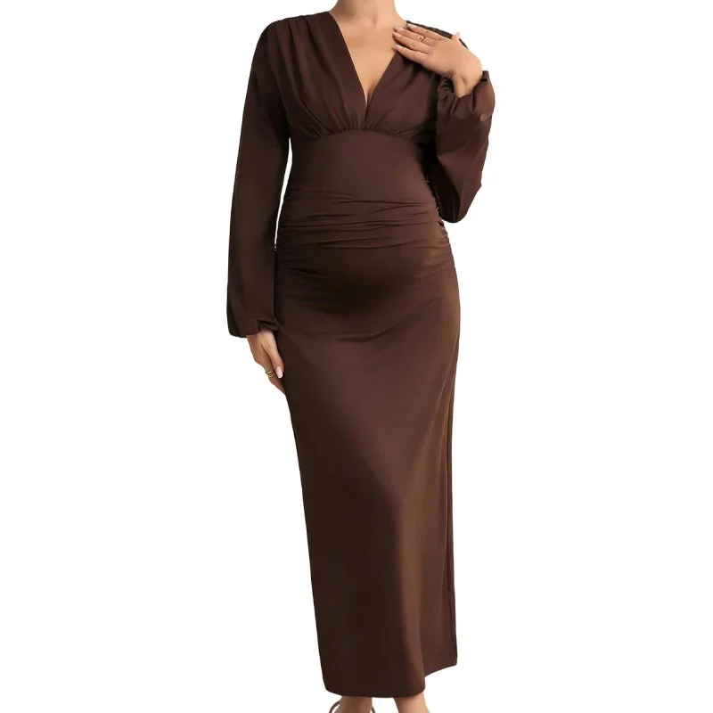 New Autumn Winter V Neck Long Sleeve Maternity Dress Stretch Slim Bodycon Long Dress Commuter Outfit Pregnancy Long Gown