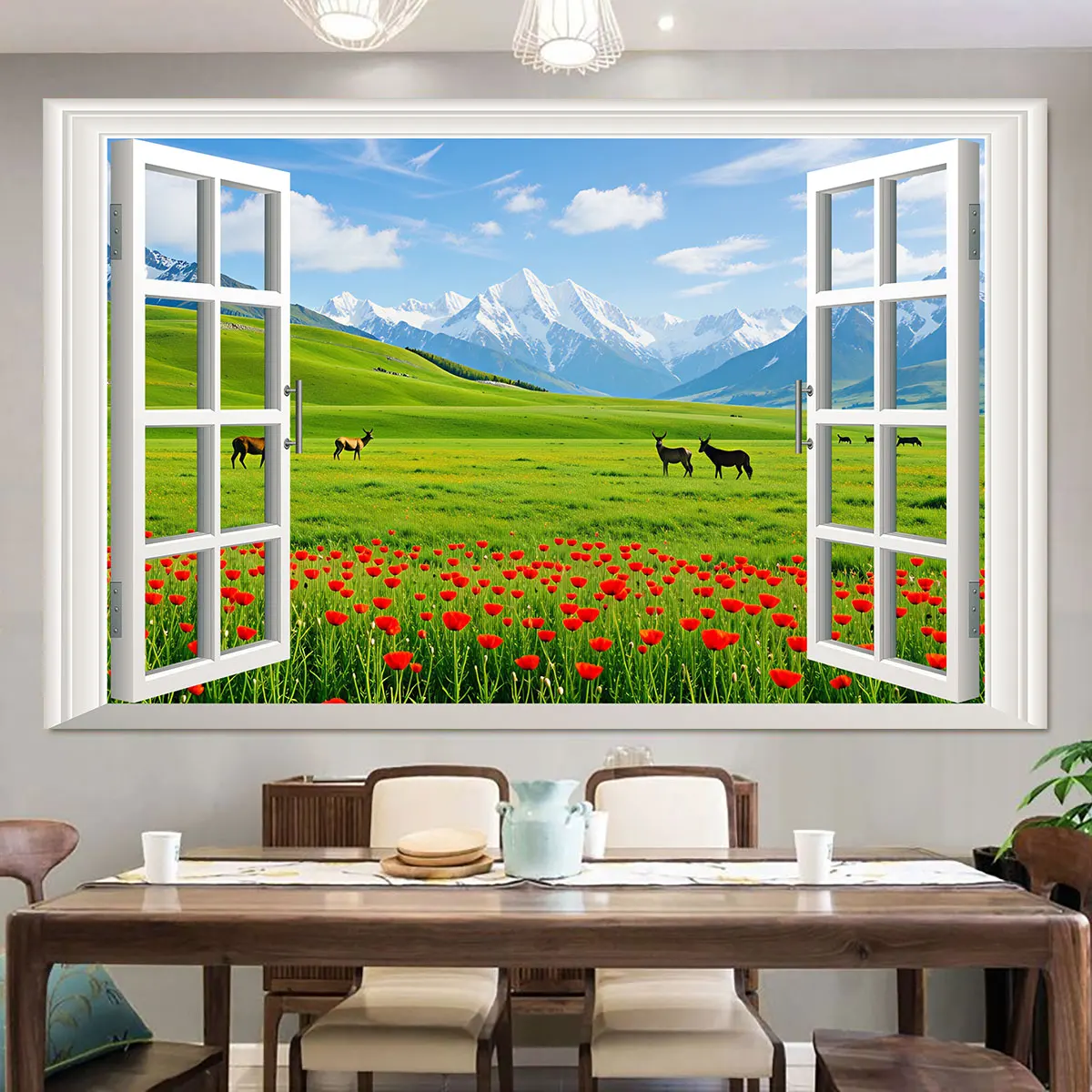 1pc outdoor scenery wall sticker grassl snow-capped mountains sea flowers multiple sizesdecorate living rooms bedroom walls