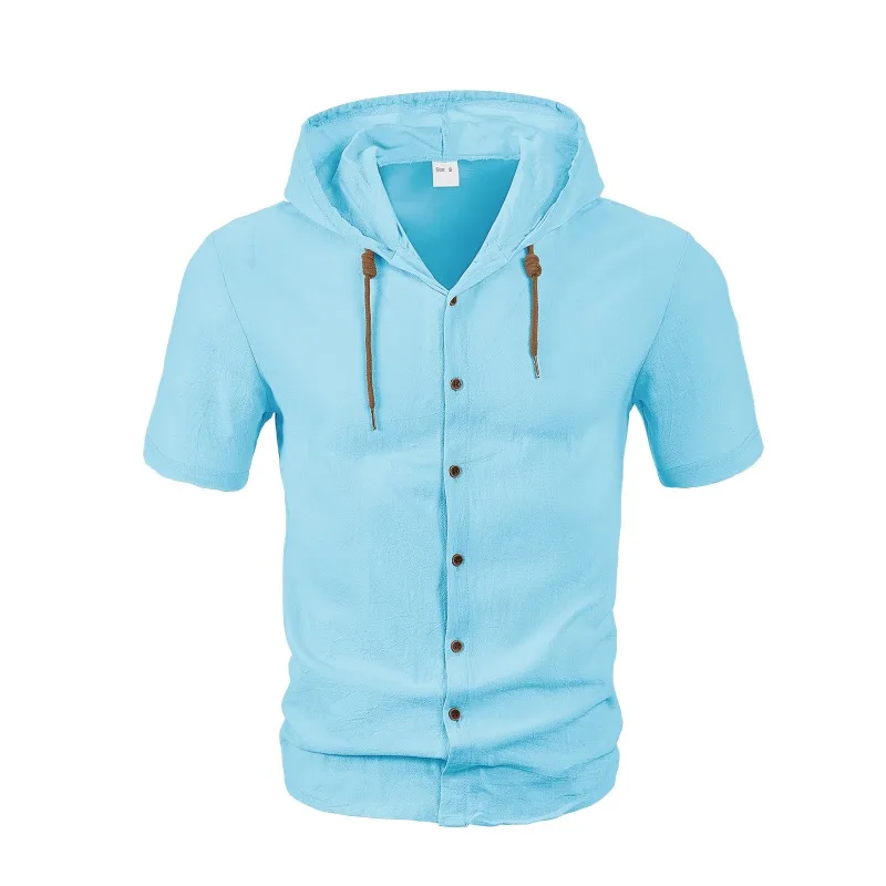 2025 Men's Linen Shirt Summer Short Sleeve Hooded Casual Jacket Breathable Outdoor Tops Jackets