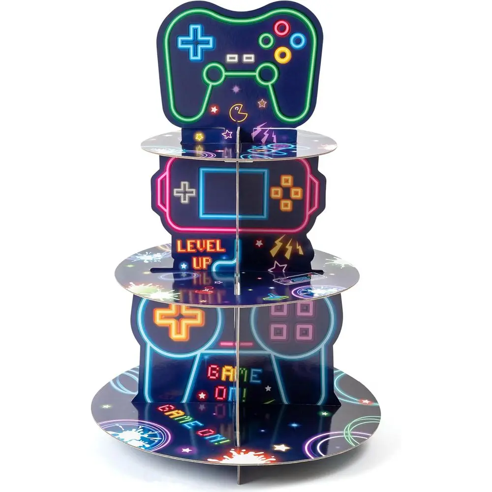 

3-Tier Illuminated Video Game Cupcake Stand - Round Cake Tower for Gaming Themed Parties & Boys' Birthdays