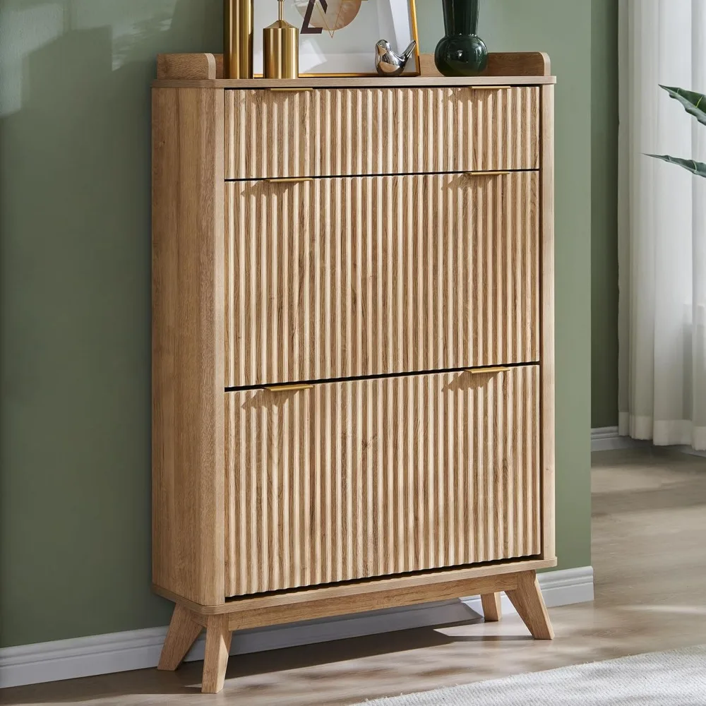 

Fluted Shoe Storage Cabinet with 2 Flip Drawers & Top Drawer, 48 Tall Narrow Shoe Organizer, Curved Profile Design,