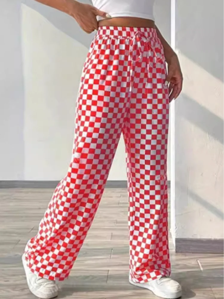Checkered Printed Pants Lace Up Women\'s Casual Pants Fashionable High Street Versatile Daily Autumn Wide Leg Pants