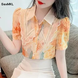 Mulheres chiffon camisas de verão 2024 moda elegante floral impresso blusas coreano vintage fino puff manga casual senhoras topos mujer