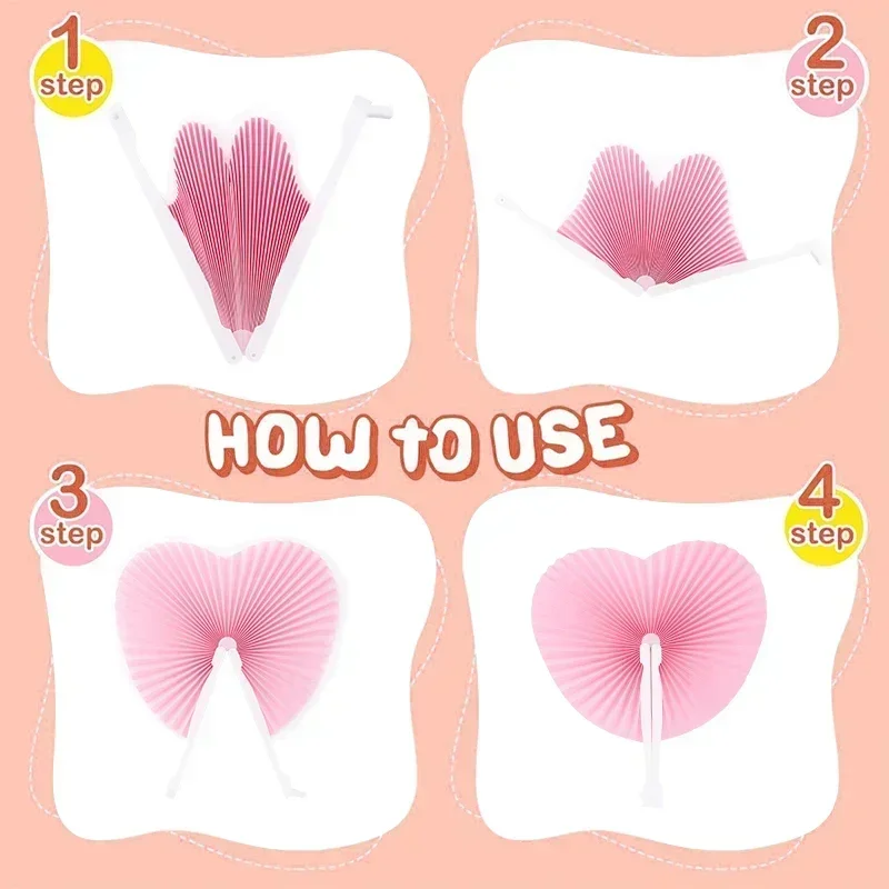 pink & white heart shaped folding hand fans for wedding party favors & event decoration