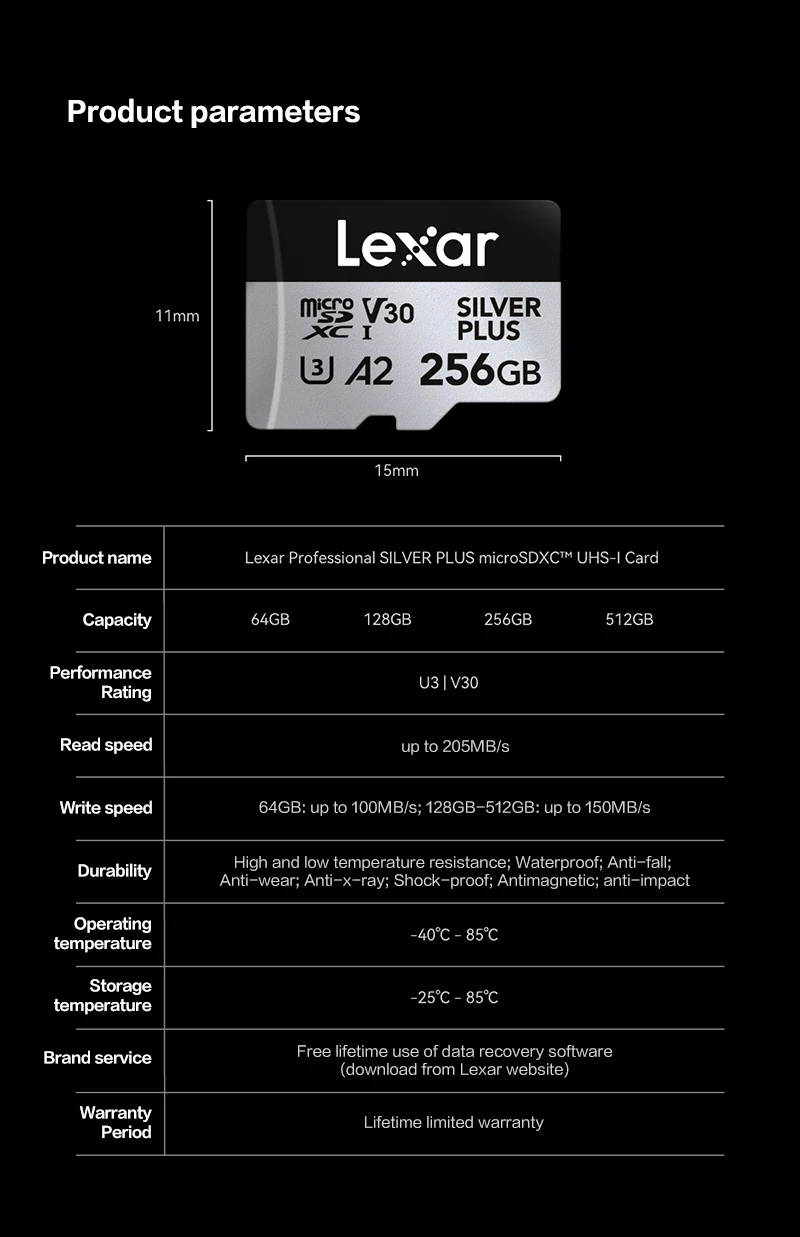 Lexar SILVER PLUS microSD-Karte SDXC UHS-I A2 V30 U3 205MB/s 1366X TF-Karte 64GB 128GB 256GB 512GB 1TB für DJI Drohne 4K Video – Detail 14