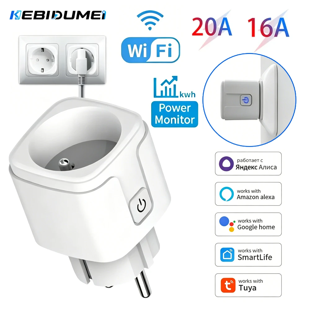 KEBIDUMEI TUYA Smart Plug WiFi Socket EU 16A/20A Power Monitor Timing Function Voice Control Work With Alexa Google Home
