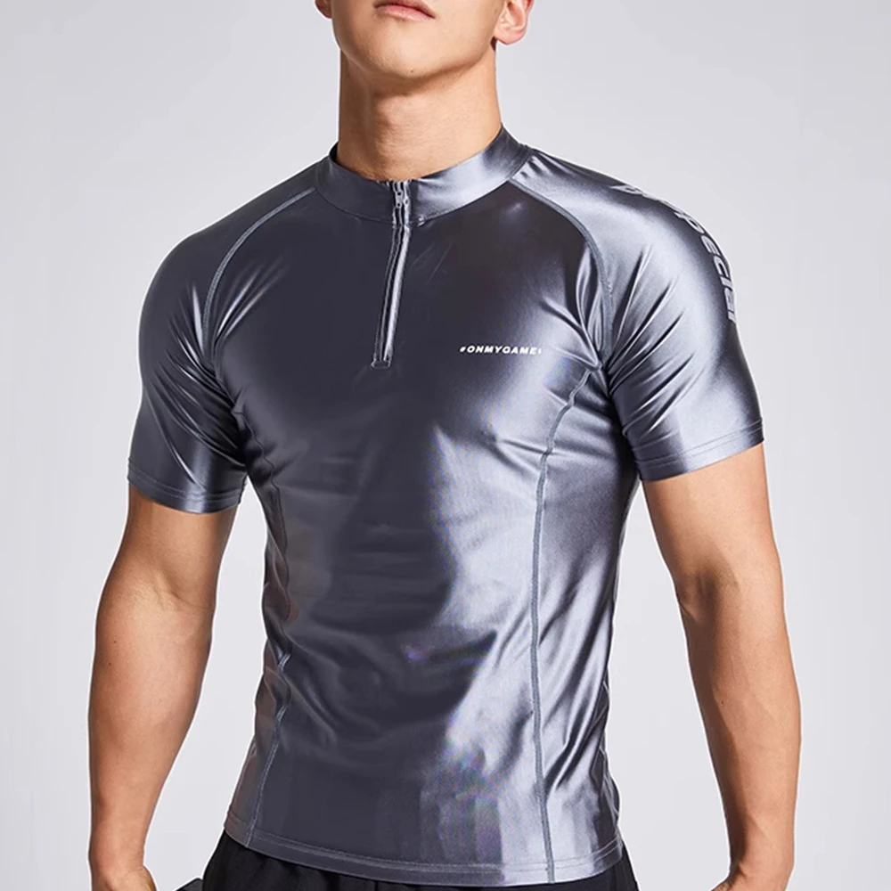 Glossy Zipper Neck Ice Silk Sports Top Men\'s Fitness Running Plus Size Short Sleeve T-shirt