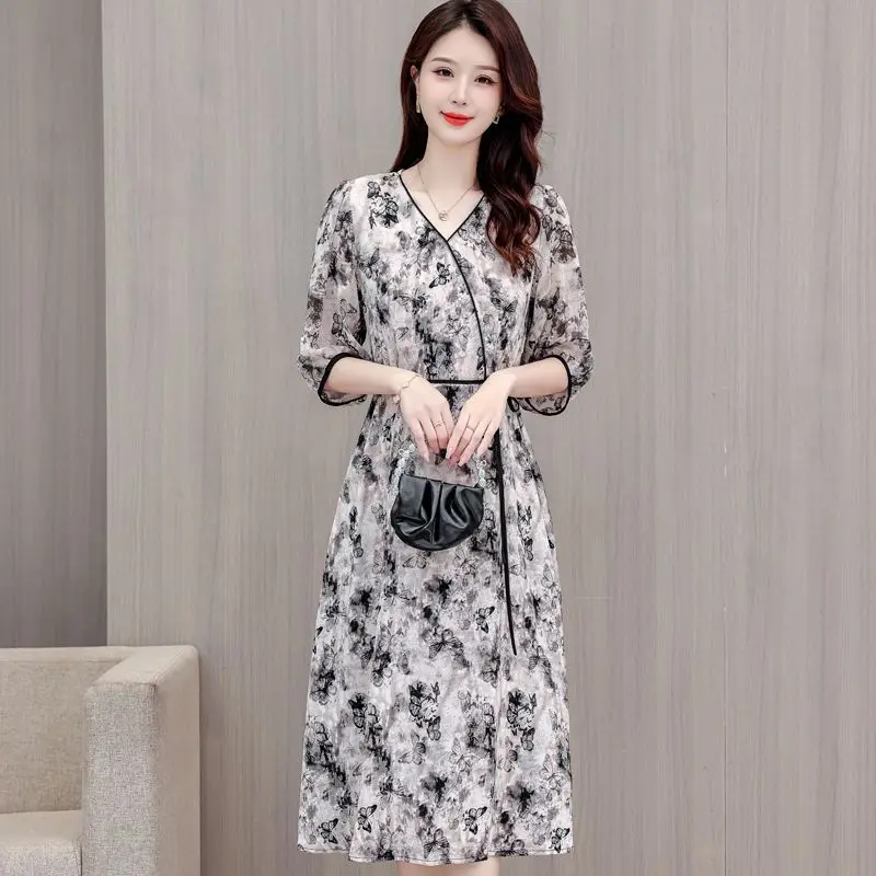 Women Summer Fashion Temperament Printing Appear Thin Office Lady V-neck Short Sleeve Midi Dress Ladies Casual Thin A-line Skirt