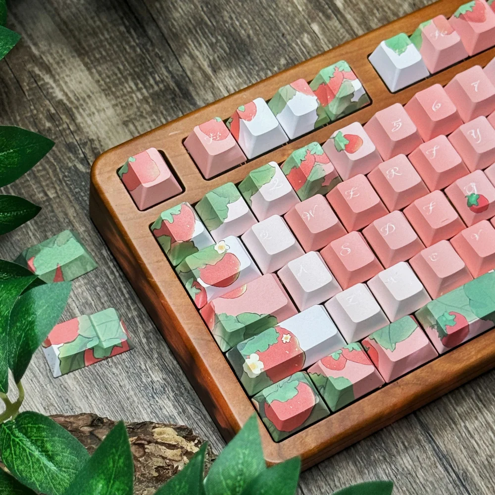 Imagem -02 - Keycaps Tema Morango Rosa Cereja Perfil Qx3 Estilo de Pintura a Tinta Keycap Fruta Bonito Teclado Mecânico 120 Chaves Pbt