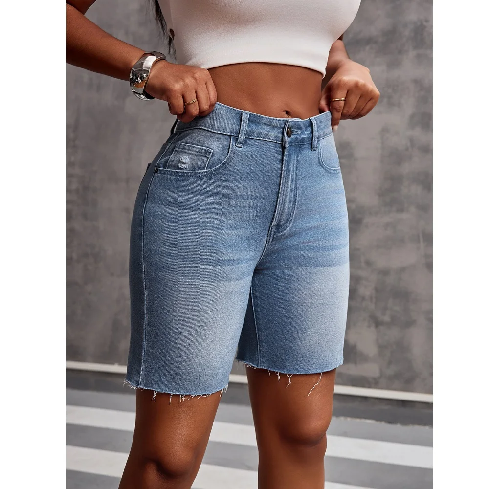 Pantalones cortos vaqueros de verano para mujer, pantalones cortos vaqueros con bolsillos de color sólido y cintura alta