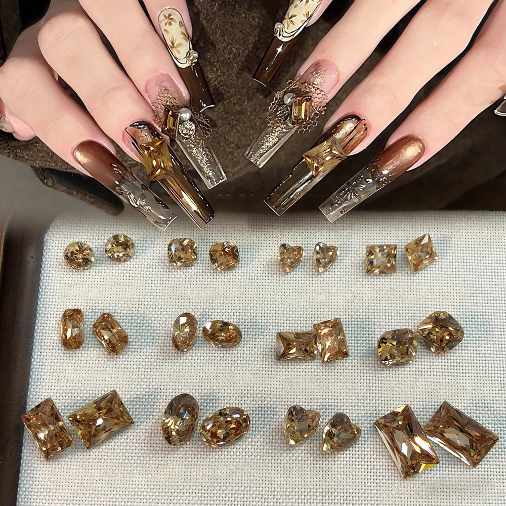10Pcs Sparkle Champagne Zircon Diamond Crystal Nail Rhinestones 3D Heart/Square/Rectangle Glass Stone Gem Manicure Decoration