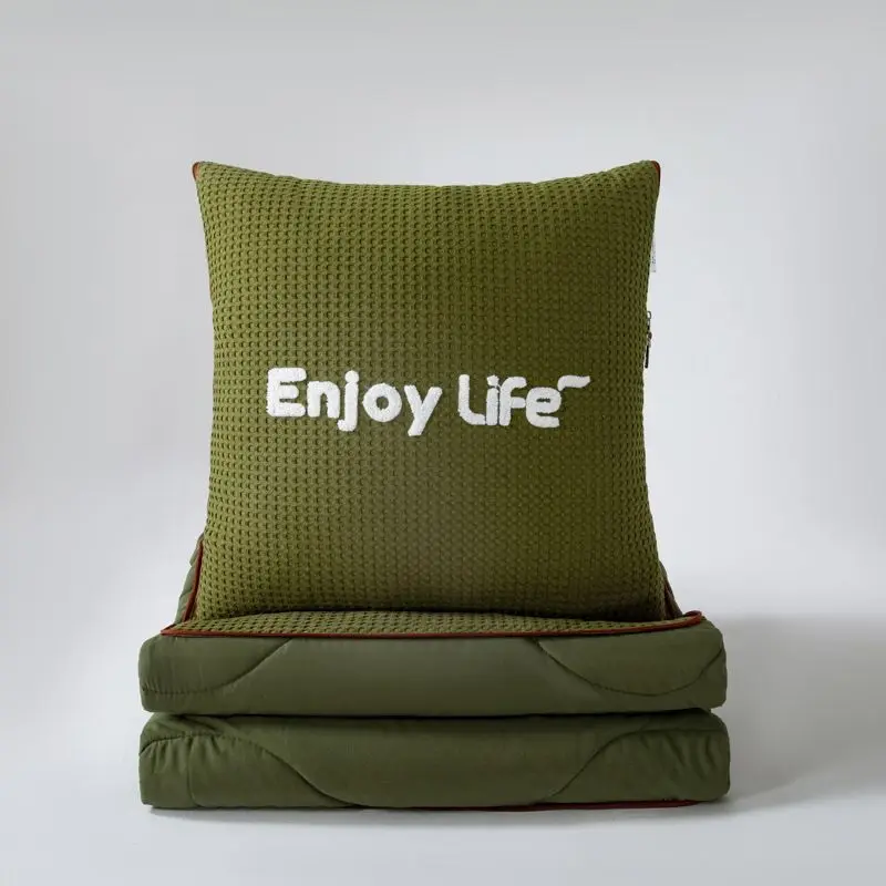 Olive Green Waffle Weave Pillow Blanket Set, Soft Quilted Foldable Travel with Decorative Cushion, Portable Outdoor Camping for
