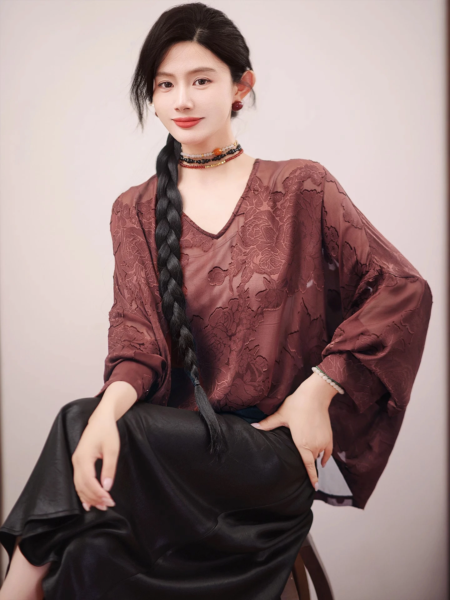 

ZhaodaXi 00% Silk Amber Tea Lace irt V-ne Tie oulder Drop Sve Women's Commute Sle Summer New Single Piece