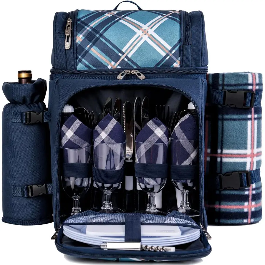 

Рюкзак-холодильник для пикника на 4 человека с 2 изолированными отделениями, съемным держателем для бутылок вина, флисовым пледом, P