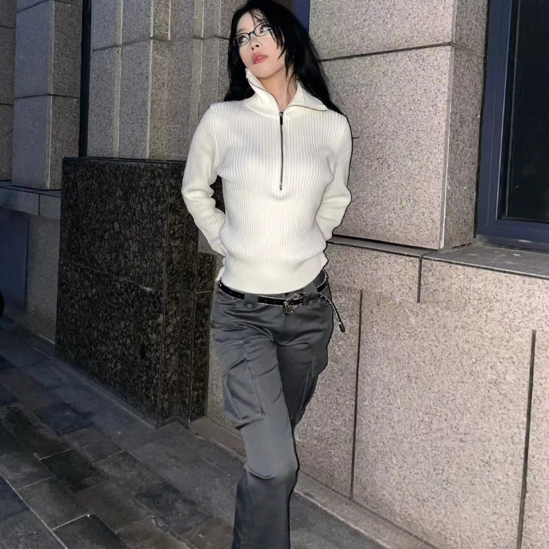 

Deeptown American Retro Sweater Women Harajuku Casual Zipper Knitted Pullover Autumn Winter Solid Long Sleeve Jumpers Streetwear