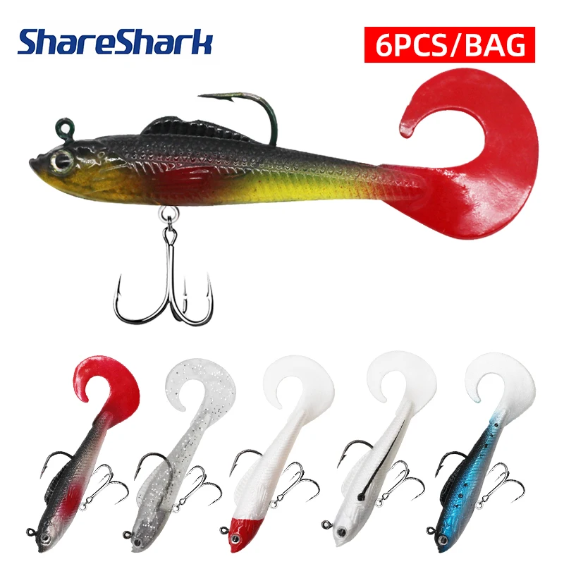 ShareShark 6 Stück/Beutel T-Schwanz Fischförmiger Weichköder mit Blei Künstlicher Weichköder für Barsch-Angeln
