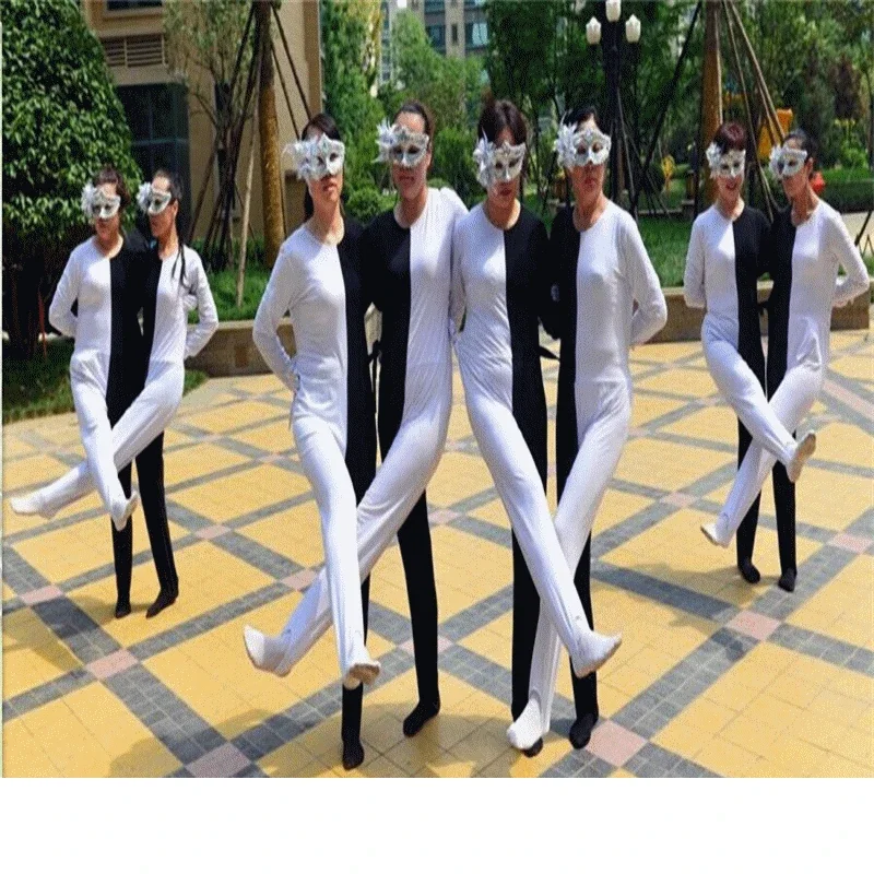 블랙/화이트 레그 댄스 의상, 재미있는 의상, 시각적 착시, 러시아 무용, 샴페인 댄스 의상
