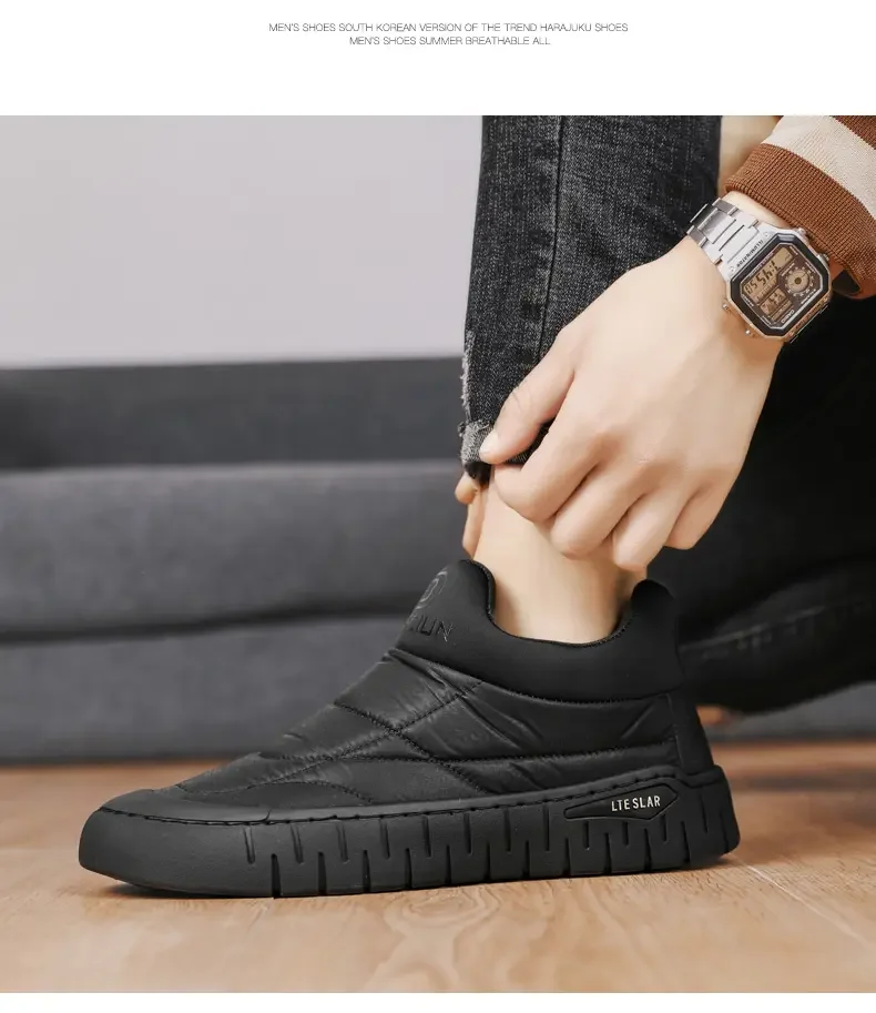 2023 New Men\'s Winter Snow Boots Thick Sole Non Slip Plush Warm Cotton Shoes Slip-On Flat Sole Elderly Casual Snow Shoes