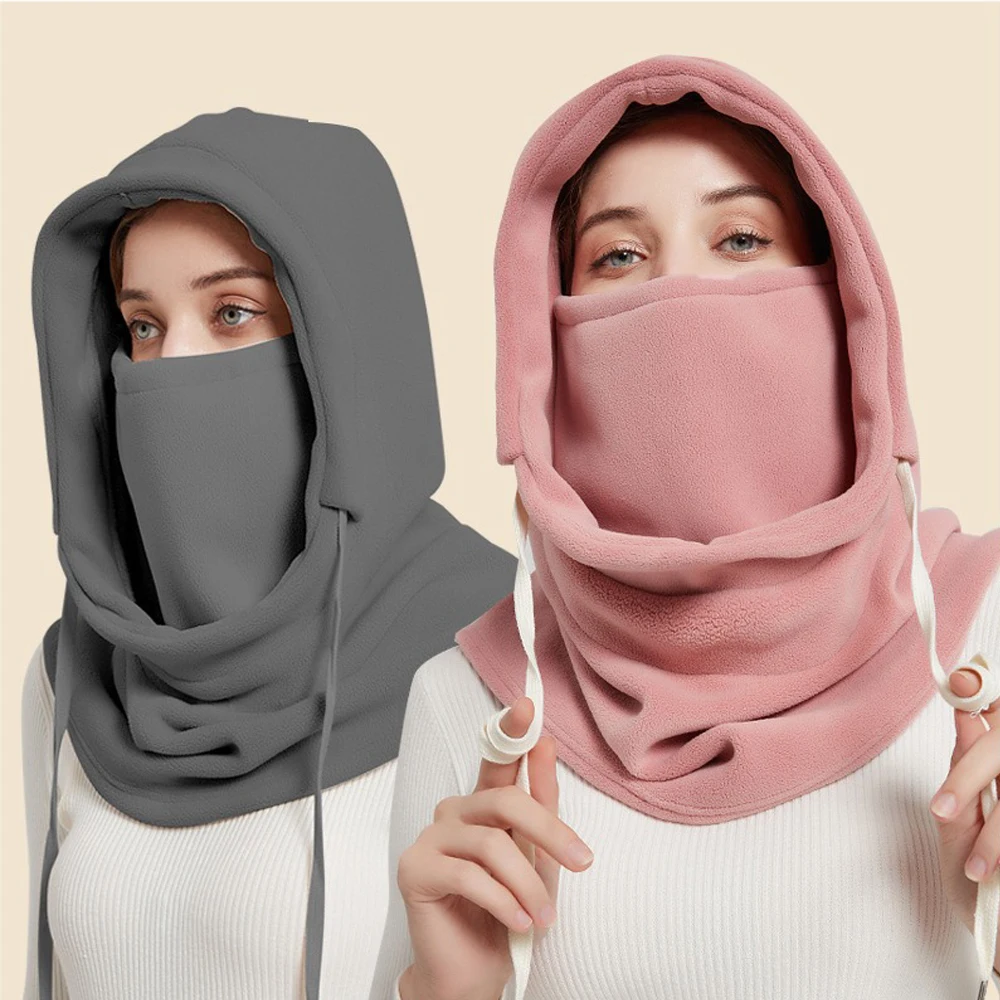 قبعة شتوية دافئة من الصوف القطبي، قناع تزلج مقاوم للرياح، ياقة متكاملة للرياضات الخارجية بقلنسوة دافئة